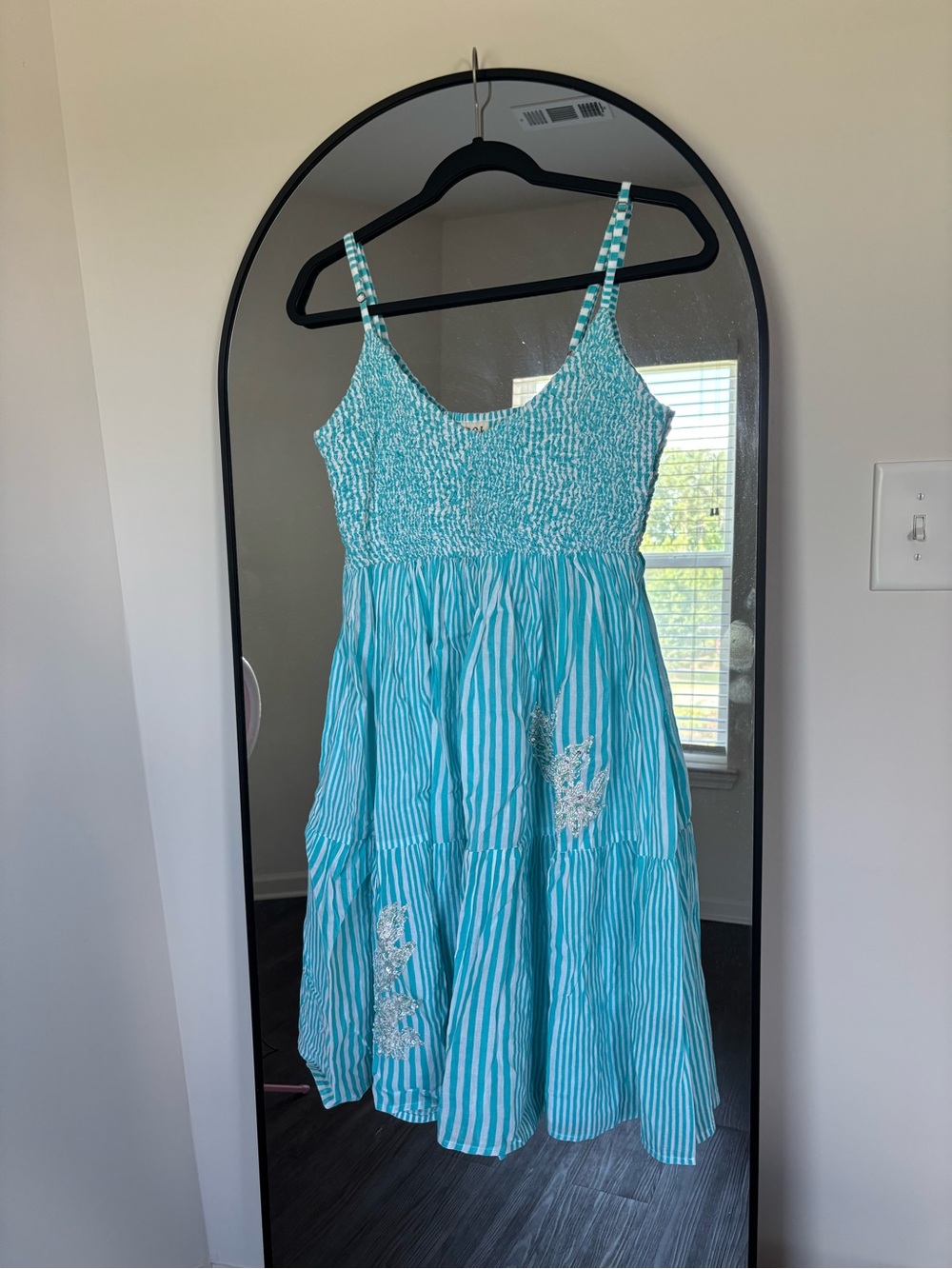 POL Aqua Striped Smocked Sundress with White Embroidery
